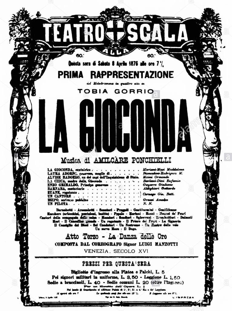 Antica locandina della Gioconda. Testo nero su carta bianca con vecchio logo della Scala con colonne e cariatidi. Oltre al titolo, attori e ruoli. La data è quella dell otto aprile 1876