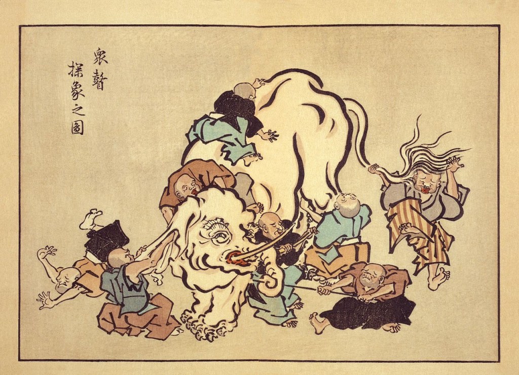 Foto di un ukiyoe in cui dei monaci non vedenti toccano un elefante