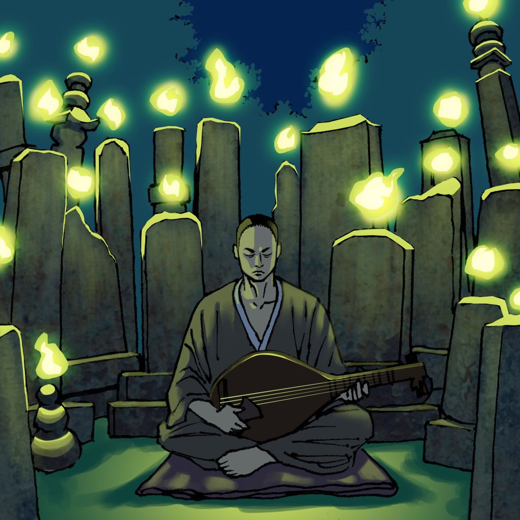 Illustrazione di Oichi seduto a terra mentre suona il biwa. Attorno a lui tante fiammelle verdi