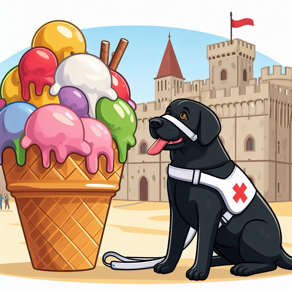 Foto del cane guida Atena che guarda felice con la lingua di fuori un cono gelato immenso pieno di palline colorate. Nello sfondo il castello di Vinci 