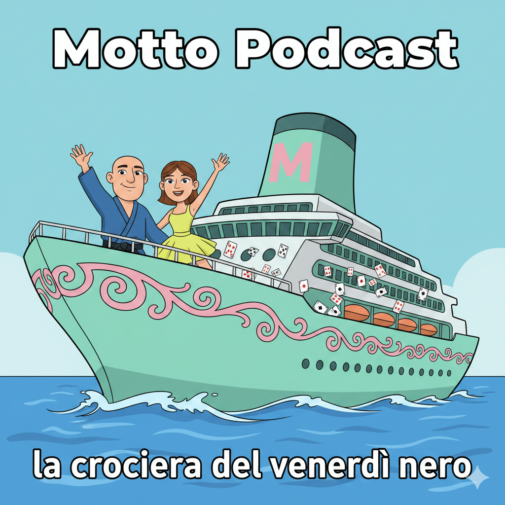 Copertina in stile anime di una nave da crociera verde menta con Roberto ed Elena che salutano mentre cadono carte da gioco in mare
